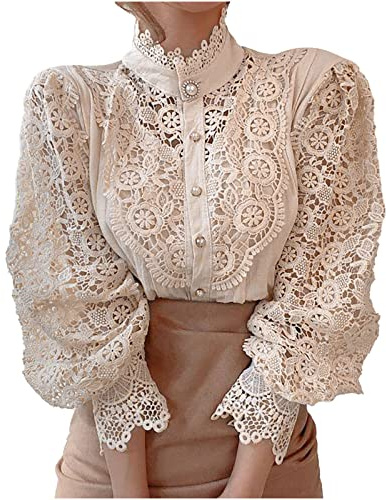 Women’s Elegant Lace Trim Shirts Casual Victorian Blouse Long Sleeve Button Down Tops Hollow Out Flower Patchwork Elegant Ruffle Blouse Lace Shirts