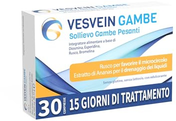 Vesvein Gambe, integratore di Diosmina, Esperidina e Bromelina, sollievo gambe pesanti, 30 compresse - 15gg di trattamento / 1 mese di trattamento nei periodi invernali