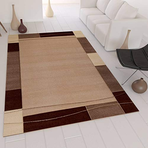 VIMODA Teppich Modern Klassiker für Wohnzimmer Kurzflor Dich gewebt mit Bordürenmotiv braun beige und Konturenschnitt, Maße:160 x 230 cm
