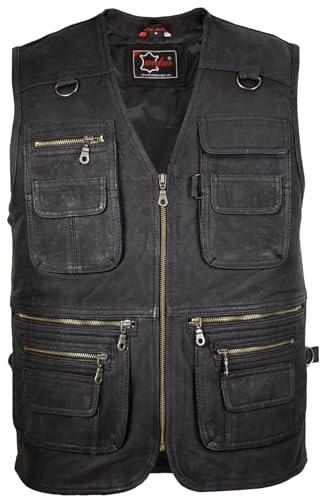 MDM Herren Freizeit Outdoor Lederweste mit Vielen Taschen in Rau Schwarz (Gr. L)