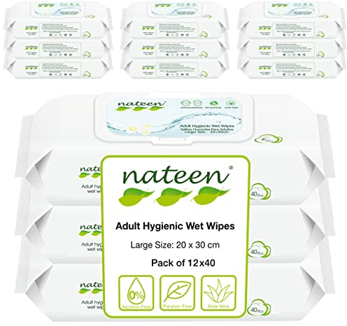 Tendercare Nateen - Wet Wipes - 12 Pack of 40 Wipes - Adult Hygienic Wet Wipes - Thick Soft Wipes - Purified Water & Aloe Vera - Hypoallergenic & Alcohol Free - Non-Flushable