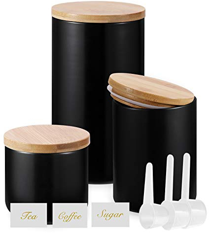 Yangbaga Black Canisters Sets for Kitchen-Set of 3 Coffee Canisters for Countertop with Airtight Wood Lids/Spoons/Stickers, Ceramic Food Storage Containers for Large Suger,Coffee,Tea (42/30/9OZ)