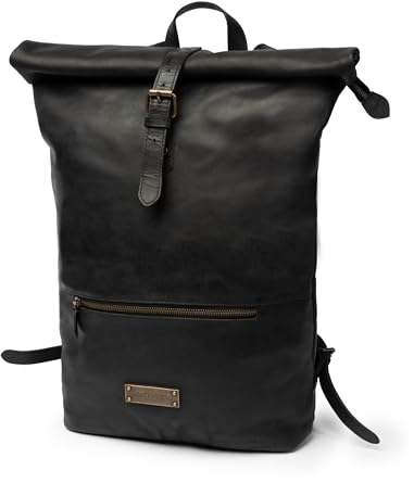 DRAKENSBERG Leder Roll-Top Rucksack 'Ryan' für Damen, Herren - Kurier- und Fahrrad-Rucksack mit Laptopfach, bis 25L - Vintage-Schwarz, DR00368