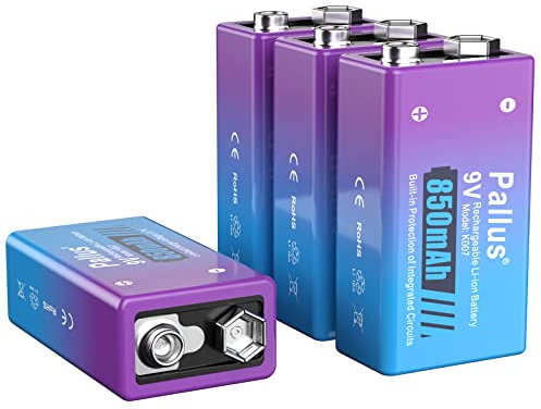 Pallus 4 Stück Wiederaufladbare 9 V Block Akku, Hohe Kapazität 850 mAh, Bis zu 1300 Zyklen, Geringe Selbstentladung, Passend für Rauchmelder