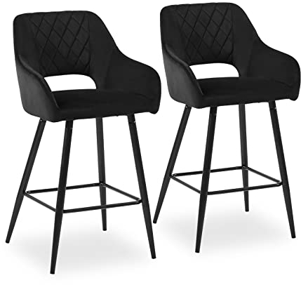 CLIPOP Barhocker 2er Set Schwarz Samt Gepolstert Sitz Barstühle mit Rückenlehne und Armlehne Frühstück Theke Barhocker für Küche Inseln Pub