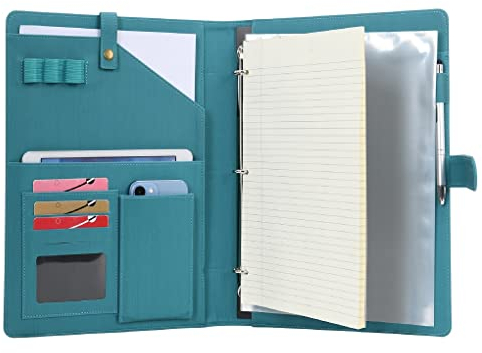 Wonderpool A4 Leder Schreibmappen Portfolio Dokumenten Halter Ringbuch Herausnehmbar Klemmbrett mit Multifach Aschen und Legal/Breit Liniert Pad für Business Organisatoren Konferenz (Dunklescyan)