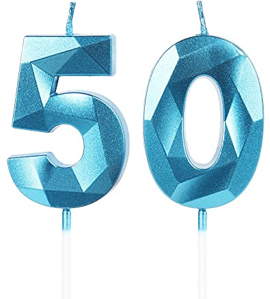 Yiran Sky Blue 50th Birthday Candles, Number 50 Happy Birthday Candles, Blue Cake Topper Decorations for Birthday Party, Wedding Anniversary Celebration Supply for Men Women(Age 50)