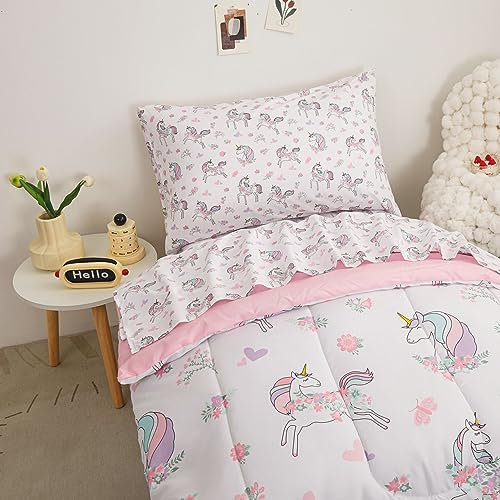 Viviland Unicorn Toddler Comforter Sets, Cute Girls Toddler Bedding Set, Soft Microfiber Toddler Bed Set