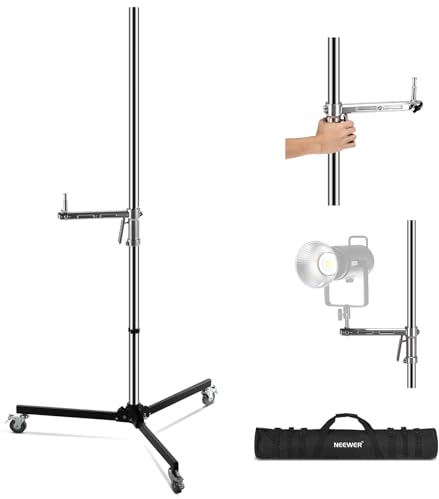 Neewer 88/224cm Light Stand Stainless Steel Heavy Duty with Pistol Grip, Sliding Arm, Detachable Caster, Folding Leg, 1/4 5/8 Spigot, Photography Flash/Ring Light Stand, Max Load 22lb/10kg, ST003