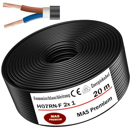 MAS Premium Câble d'alimentation en caoutchouc H07RN-F - 5-500 m - 1 x 1,5, 4, 6, 10, 16, 25, 35, 50 et 2 x 1 - Câble flexible pour appareils lourds - (H07RN-F 2 x 1 mm², 20 m)