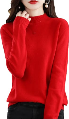 Zozogag Dam merinoull kashmir stickad tröja polokrage långärmad pullover jumper toppar, Röd, XXL