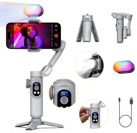AOCHUAN iPhone Gimbal, 3-Achsen-Gimbal-Stabilisator für Smartphone mit magnetischem RGB-Fülllicht-Stabilisator mit Fous/Zoom Rad für Vlog, kompatibel mit iPhone 16 Pro Max/Android-Smart X Pro Kit Grau