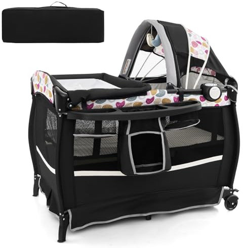 COSTWAY 4 in 1 Foldable Travel Cot, Portable Baby Bed Playard with Bassinet, Changing Table, Canopy, Music Box, Wheels, Carry Bag, Storage Rack, Nursery Center for Newborn Toddlers (Black+Dot)