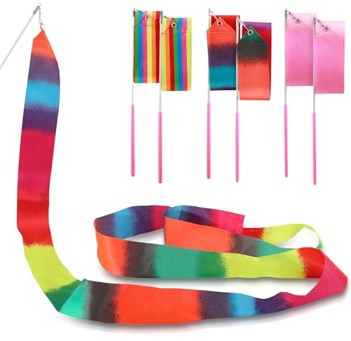 ZHXGO 6 Stück Kinder Rhythmische Sportgymnastik Band Tanzbänder, 2m Tanzband Gymnastikband mit Wirbelndem Stab, Kinder Regenbogen Band, Regenbogenfarben Gymnastik Streamer für Ausbildung