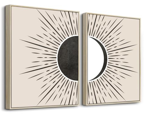 hyidecorart sol och måne boho bilder med ram trä, abstrakta svarta linjer beige geometri nordiska minimalistiska moderna väggmålningar vardagsrum sovrum kök matsal kontor badrum