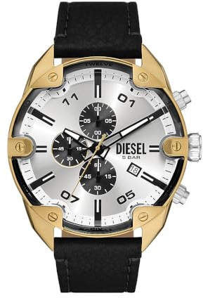 Diesel Spiked Uhr für Herren, Chronographenwerk mit Silikon-, Edelstahl- oder Lederarmband, Gold- und Silberton, 49MM