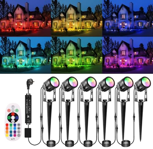 ECOWHO RGB Gartenbeleuchtung LED mit Fernbedienung und Timer,IP65 wasserdichte RGB gartenstrahler mit Strom，21M gartenleuchten mit Erdspieß für Außen Garten Rasen Bäume, Wege, Party und Teich（6 Stück）