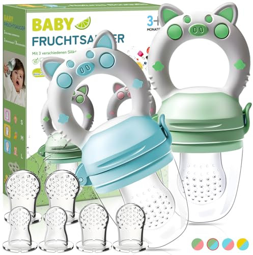 Fruchtsauger Baby ab 3 Monate- 2 Stück Zahnungshilfe + 6 Ersatz-Sauger in 3 Größen, Hygienischem Silikon, Sicher & BPA-frei, Beikost Baby Zubehör Sachen für Obst, Gemüse, Brei Beikost