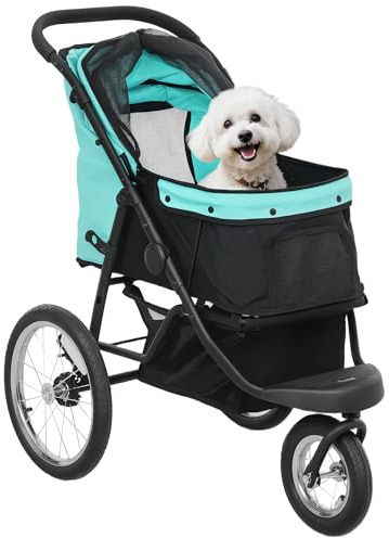 PawHut Carrito para perros y gatos, plegable, para perros pequeños y gatos de hasta 10 kg, con 3 ruedas de goma grandes, cojín para ventanas de red, cesta de almacenamiento con correa de seguridad