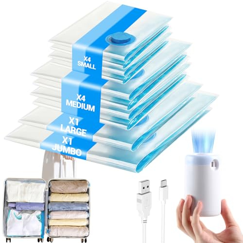 Sacs de Compression sous Vide avec Pompe Sans Fil – Lot de 10 Sacs de Rangement Réutilisables pour Vêtements, Couettes, Voyage et Stockage Quotidien – 4 Petits, 4 Moyens, 1 Grand, 1 Jumbo