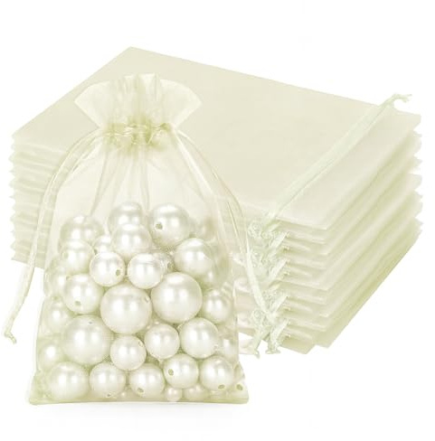 jijAcraft Cream Organza Gift Bags: 10x15cm Organza Pouches, 50Pcs | Drawstring Wedding Jeweller Bags, Party Sweet Pouches for Wedding, Birthday, Party, Gift Wrapping, Christmas