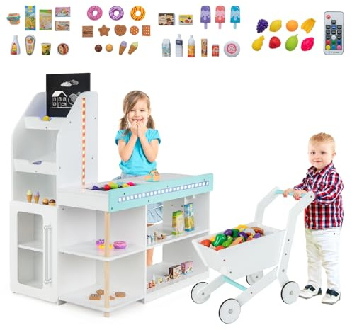 HOMASIS Jeu de Supermarché avec Chariot de Courses pour Enfants, Magasin en Bois avec Rangement,Tableau Noir,Caisse Enregistreuse,Tapis Roulant Mobile, Accessoires,Lumières LED pour Enfant 3 Ans et+
