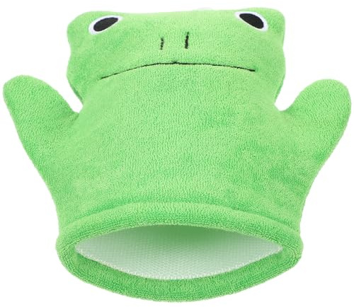 Frog Bath Scrubbing Mitt, Dual Sided Gentle Cleansing for Boys and Girls | Green Toweling Loofah, Soft Textured Finish, Legs and Body Skin, Spa Use, One Mitten