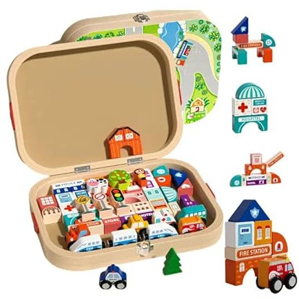 Wooden City Play Set with Storage Box, Educational Kids Toy, Road Map Design, Police Station, Fire Station, Buildings, Vehicles, 31.8cm x 5.8cm x 4cm
