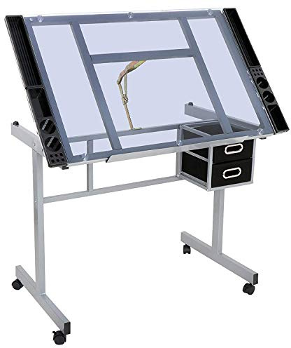 BBBuy Adjustable Drafting Table Drawing Desk Art Craft Station Drafting Desk Glass Tabletop w/2 Slide Drawers and Wheels for Drawing, Sketching, Reading, Painting Home Office