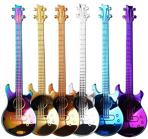 nuoshen Guitar Coffee Teaspoons, 6pcs Stainless Steel Musical Coffee Gifts for Man Cute Tea Spoons Set Ice Cream/Dessert/Stirring/Sugar Spoon