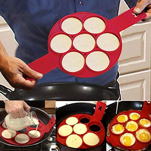 Plastific Pancake Molds Silicone Baking Mould Egg Maker Pancake Flipper Egg Ring Nonstick Silicone Round Egg Rings Mold Baking Stencil for Easy Egg/Pastry/Muffin Make (Red 7 Holes)