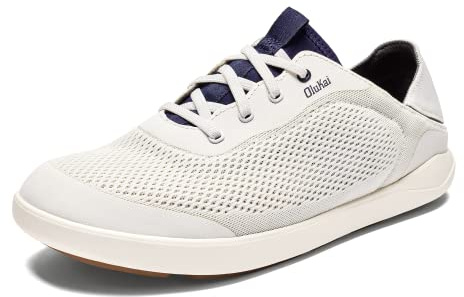 OLUKAI Moku Pae Men's Boat Shoes, Water Resistant & Breathable Mesh, Easy Slip On Design, Quick-Drying & Enhanced Traction, Bright White/Pacifica, 9.5