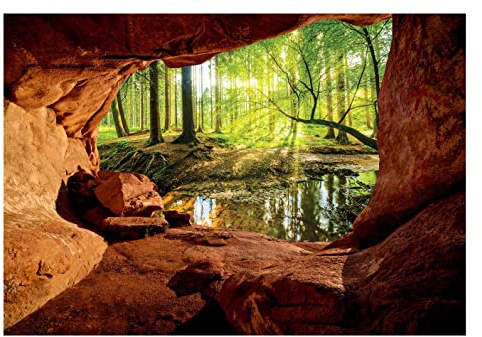 Fleece fototapet 3D-effekt skog bäck sol grotta natur inkl. lim vardagsrum sovrum modern motivtapet tapet icke vävd tapet UV-resistent monteringsklar (152 x 104 cm – 1 bana)