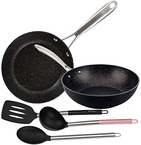 San Ignacio Set sartenes 28x6.0 cm y Wok 28x8.0 cm aluminio forjado, aptas para inducción, y Juego 3 utensilios de cocina nylon VITA