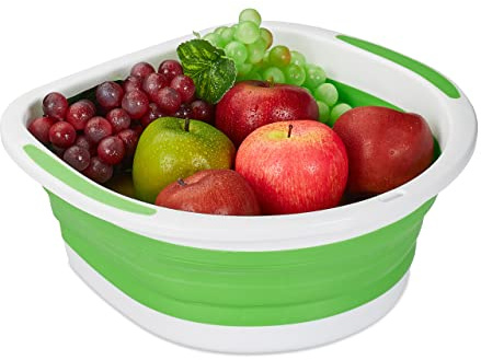 Relaxdays Foldable Strainer, Pasta, Plastic Draining Basket, Dimensions: HxWxD: 13.5 x 33.5 x 32.5 cm, Green and White, 13.5x33.5x32.5 cm