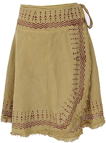 GURU SHOP Natürlicher Goa Sommerrock, Bedruckter Ethno Wickelrock, Damen, Khaki, Baumwolle, Size:38, Röcke Alternative Bekleidung