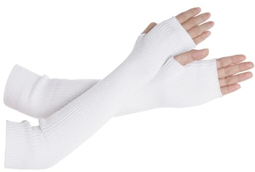 Tongcloud Arm Warmers Winter Fingerless Long Gloves for Women for Women with Thumb Hole (White, 15.8inches)