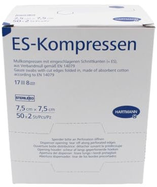 Hartmann ES 4019010 - Compresas de gasa estériles (7,5 x 7,5 cm, 17 capas, 8 capas, 1 paquete = 50 x 2 unidades)