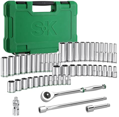 SK 1/4 Drive Socket Set with 216-P Quick-Release Ratchet, 50-Piece, SAE & Metric, SuperKrome Finish, Premium CR-V Construction, with Storage Suitcase