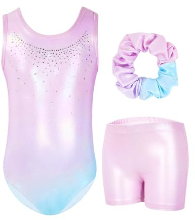 Gogokids Mädchen Drei Teiliges Gymnastikset, Ärmelloser Gymnastikanzug mit Shorts und Haarband, Ballett Tanzender Leotard Gymnastik Outfit mit Funkelnde für Mädchen, Ärmellose Trikots für 8-9 Jahre