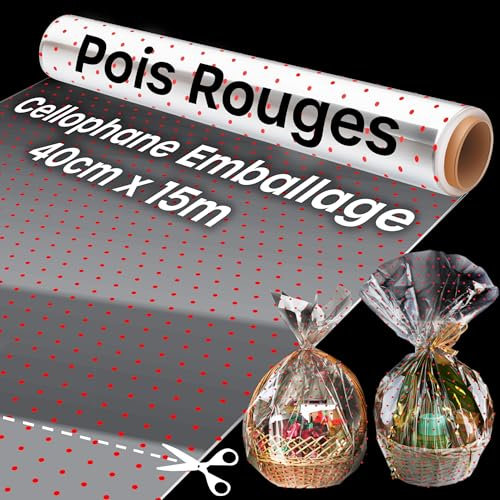 volila Geschenkfolie Transparent (Rote Punkte) – 40cm x 15m Cellophanfolie für Geschenkkörbe – 3mm Dicke Vielseitig Einsetzbare Klarsichtfolie für Blumensträuße, Floristenfolie, Essenspaket (1 Rolle)