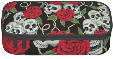 NCLSJFOV Skull and Red Rose Print Pencil Case Pencil Bag Pouch,Portable Desigh,Women Travel Makeup Bag, Purse