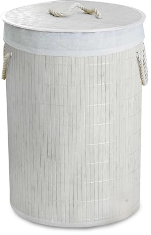 GEEZY Bamboo Laundry Basket Hamper with Lid, Rope Handles & Removable Liner – White Round Shape, Odour-Blocking, Easy Assembly, Space Saving – Wooden Laundry Bin for Clothes, Bedrooms & Bathrooms
