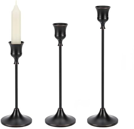 Luxvara 3 Piezas Candelabro Decorativos de Velas, Vintage Cónicas Portavelas de Metal Alto, Candelabro Dorado Negro de Metal para Decoración del Hogar, Bodas, Cenas, Fiestas, 23/20/17 cm (Negro)