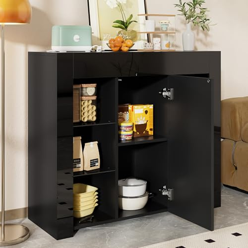 REXO Moderno buffet negro de 95 x 35 x 83 cm con frontal brillante, solución de almacenamiento elegante con estantes de cristal y puerta de armario para salón, comedor o cocina
