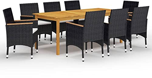 JHQHSM 9-TLG. Gruppo da giardino nero in legno di acacia e rattan PE con cuscini imbottiti, tavolo da pranzo e sedie per terrazza, mobili da esterno robusti con design resistente alle intemperie