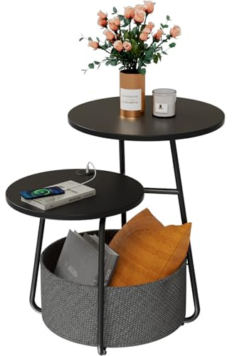 Rolanstar Round Side Table with 2-Tier Offset Tops, Modern Nesting End Table with Fabric Storage Basket, Space-Saving Circular Accent Table for Living Room & Bedroom,Black