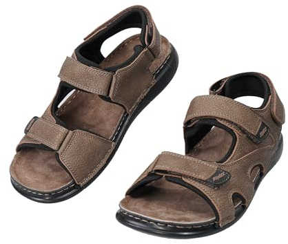 JOMIX Sandalias Hombre de Cuero Sandalias Deportivas Transpirables con Cierre Autoadherente Zapatos de Verano de Tacón Plano para Caminar, MOX260377, Caqui, 44 EU