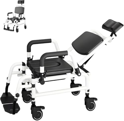 Silla de inodoro para inodoro, silla de ducha con ruedas con acolchado suave y frenos, silla de ruedas reclinable inclinable en el espacio con cubo de inodoro