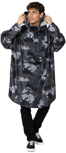 Snuggz Adult Grey Camo Rain Poncho - One Size, Lightweight, Packable Hooded Rain Coat Waterproof Poncho for Travel & Outdoor Use, Wind-Resistant Rain Poncho for Everyday Wear